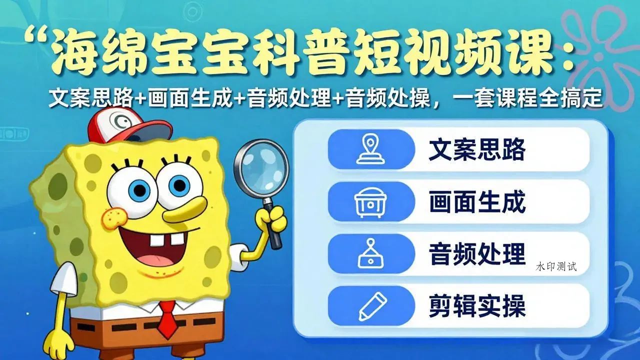 海绵宝宝科普短视频课：文案思路+画面生成+音频处理+剪辑实操，一套课程全搞定智研卡密分销 | 创作者分成平台 | 商业全案定制 | 创业| 运营方案 | 积分兑换系统 | 知识付费社群|宝妈副业智研新知品牌官方网站站