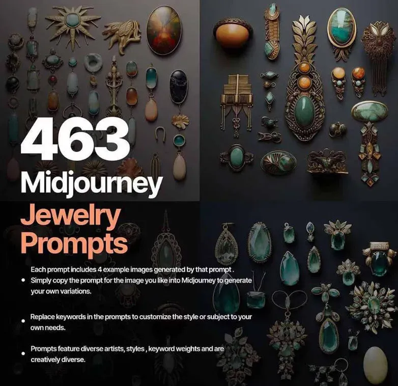 460+专业Midjourney珠宝摄影AI提示词戒指，项链-耳环-手链-宝石等，立即开始创作珠宝艺术